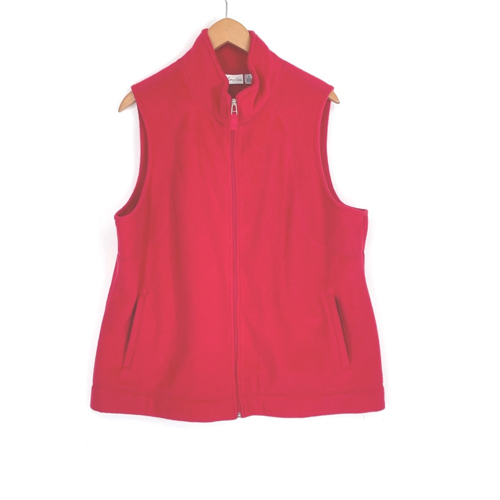 Kim Rogers Women Vest 1X Fleece Holiday Winter Red Full Zip Mock Neck Pockets